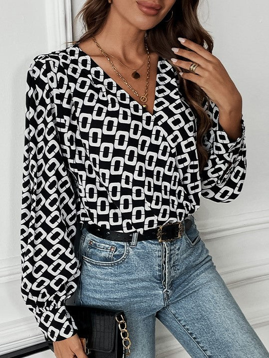 Geometric Print Wrap Front Shirt Jumpsuit - Black - 3