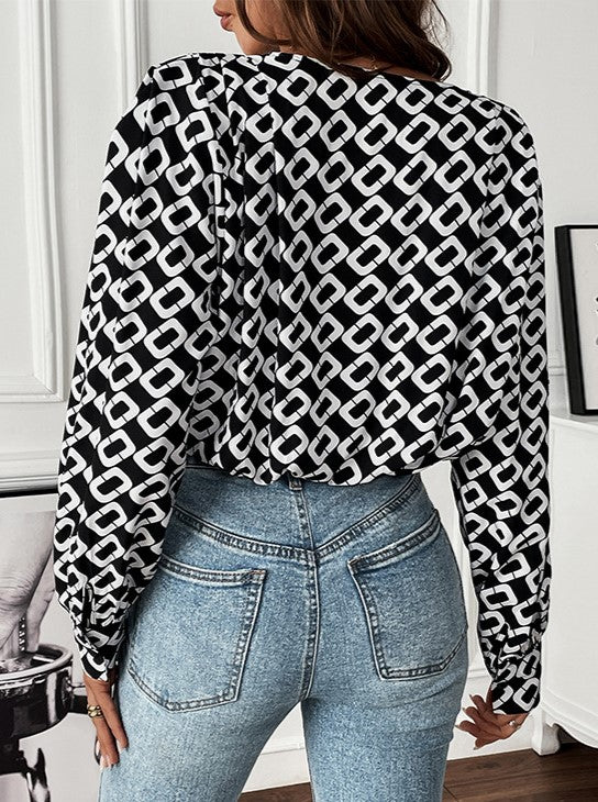 Geometric Print Wrap Front Shirt Jumpsuit - Black - 4