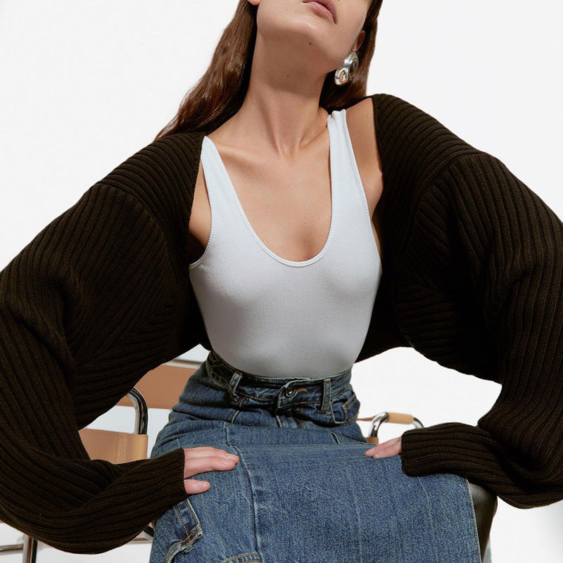Cropped Rib Knit Bolero Shrug Cardigan - Black