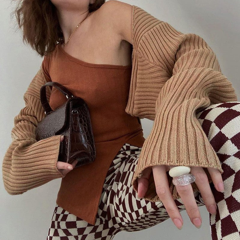 Cropped Rib Knit Bolero Shrug Cardigan - Khaki - 3