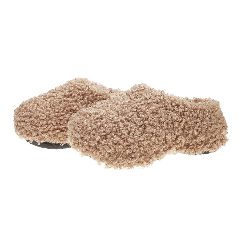 Fuzzy Teddy Platform Clog Slippers - Light Khaki