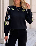 Daisy Embroidered Sleeve Crew Neck Sweater - Black