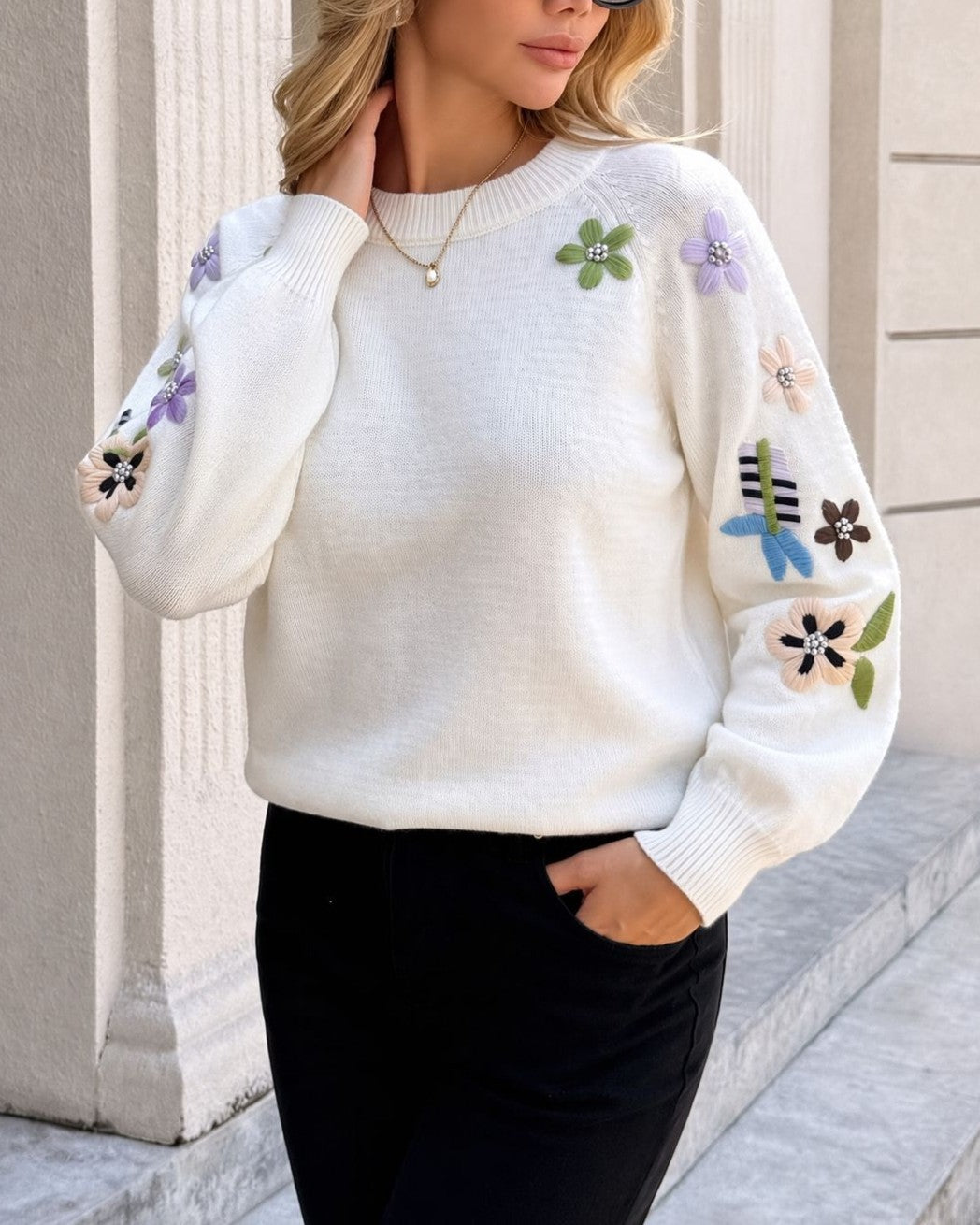 Daisy Embroidered Sleeve Crew Neck Sweater - White