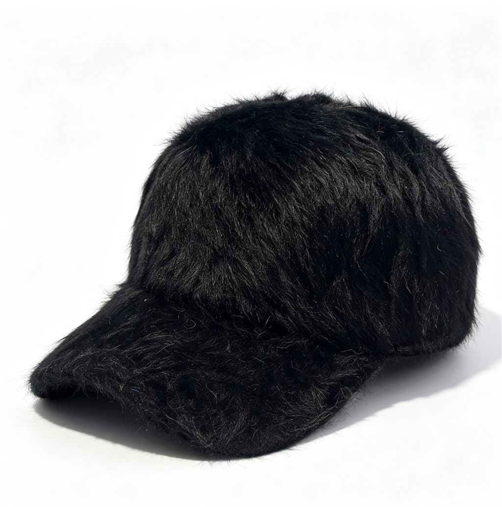 Shaggy Faux Fur Baseball Cap with Curved Brim - Black