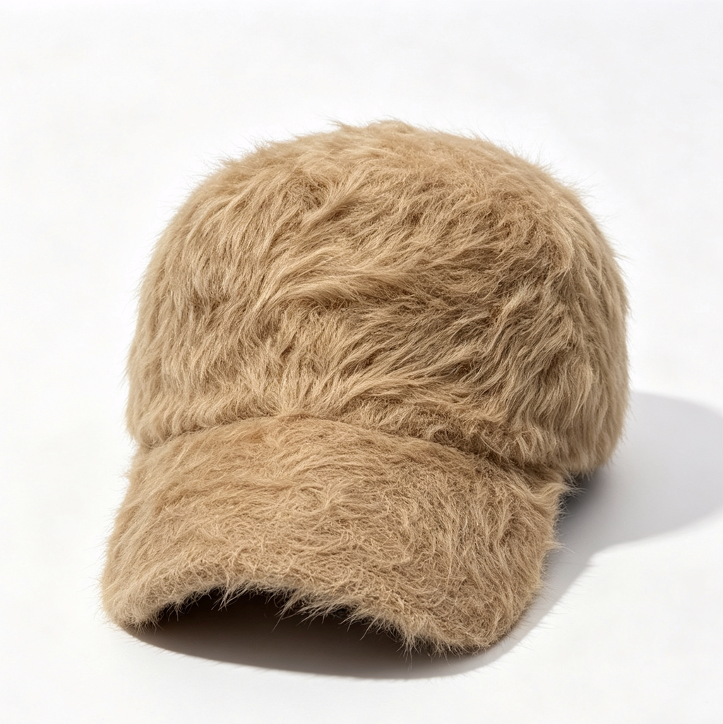Shaggy Faux Fur Baseball Cap with Curved Brim - Khaki