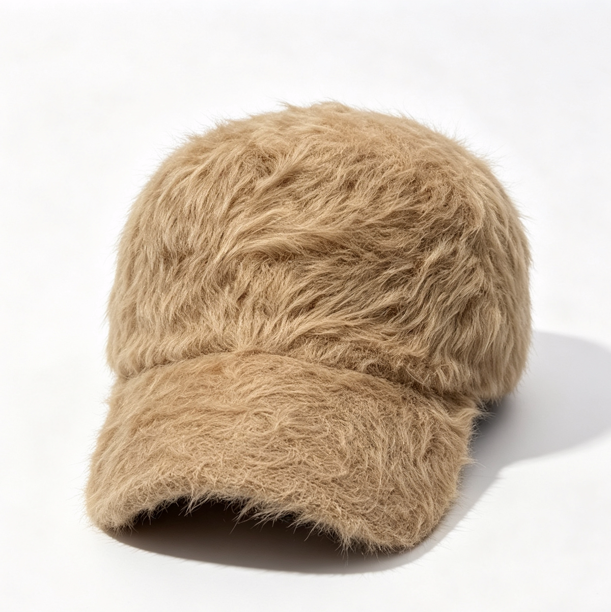 Shaggy Faux Fur Baseball Cap with Curved Brim - Khaki