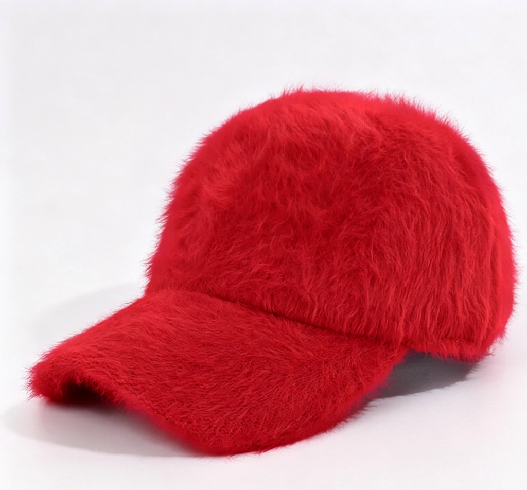 Shaggy Faux Fur Baseball Cap with Curved Brim - Red