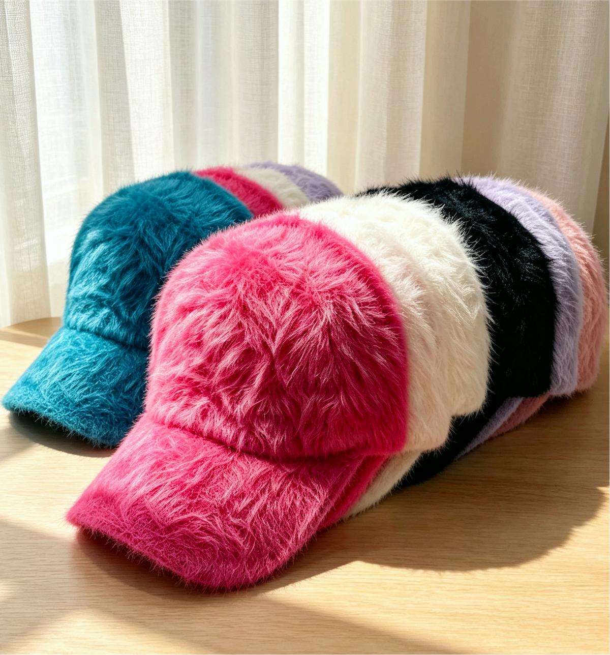 Shaggy Faux Fur Baseball Cap with Curved Brim - Red - 1