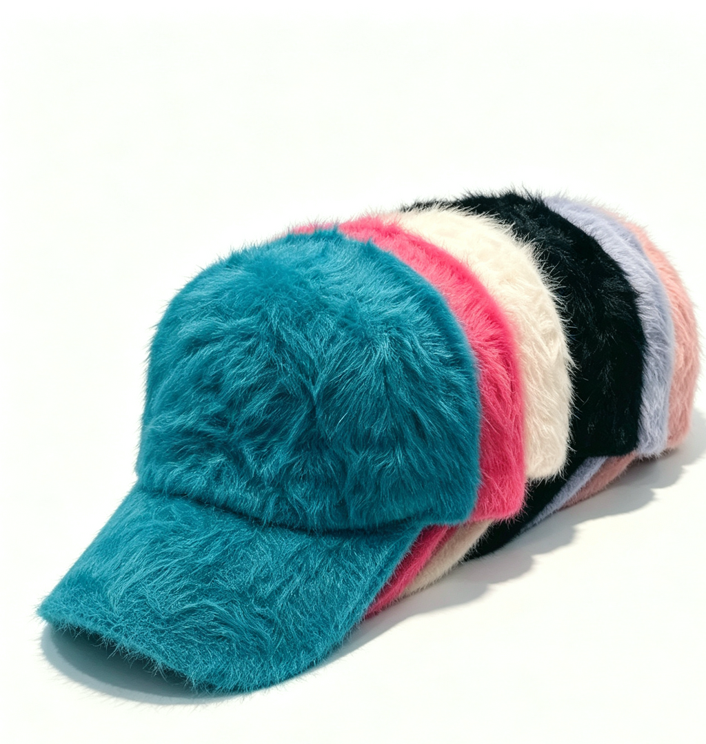 Shaggy Faux Fur Baseball Cap with Curved Brim - Red - 2