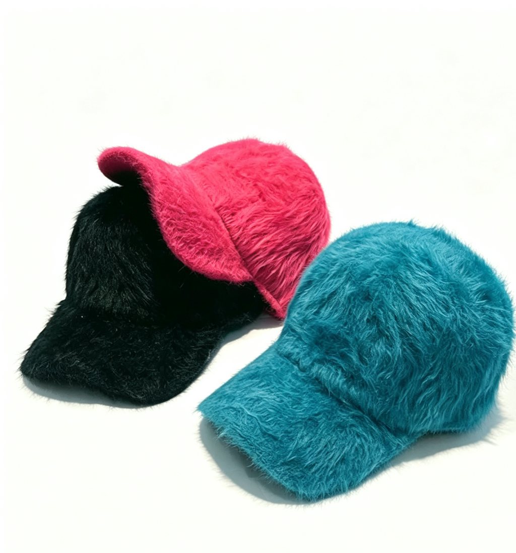 Shaggy Faux Fur Baseball Cap with Curved Brim - Red - 3
