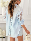 Embroidered Eyelet Longline Button Up Shirt - Blue
