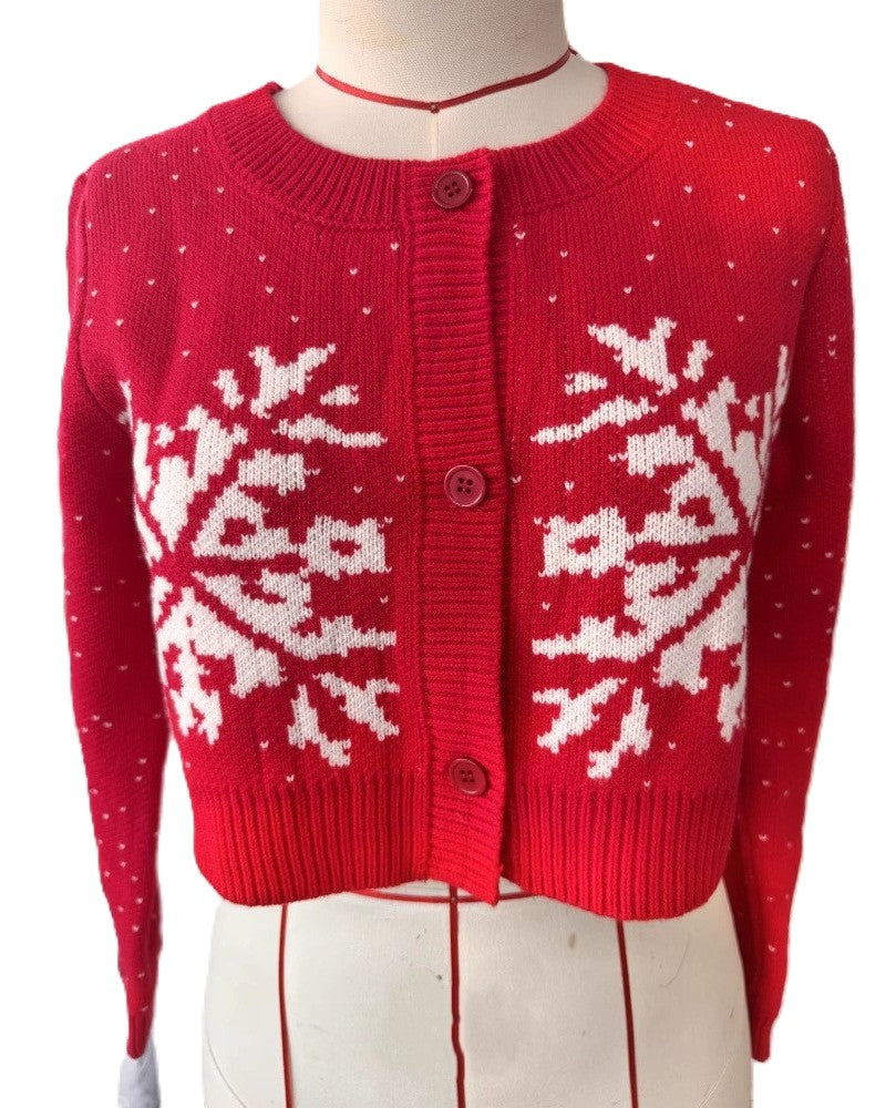 Snowflake Jacquard Cropped Christmas Cardigan - Red