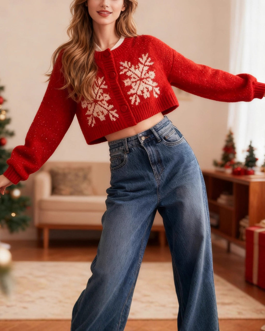 Snowflake Jacquard Cropped Christmas Cardigan - Red - 1