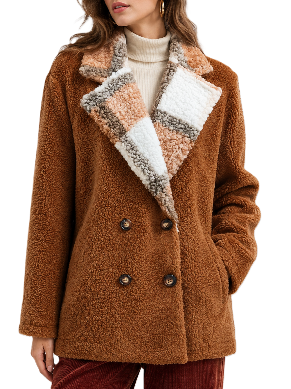 Brown Teddy Sherpa Plaid Collar Relaxed Fit Jacket - Brown