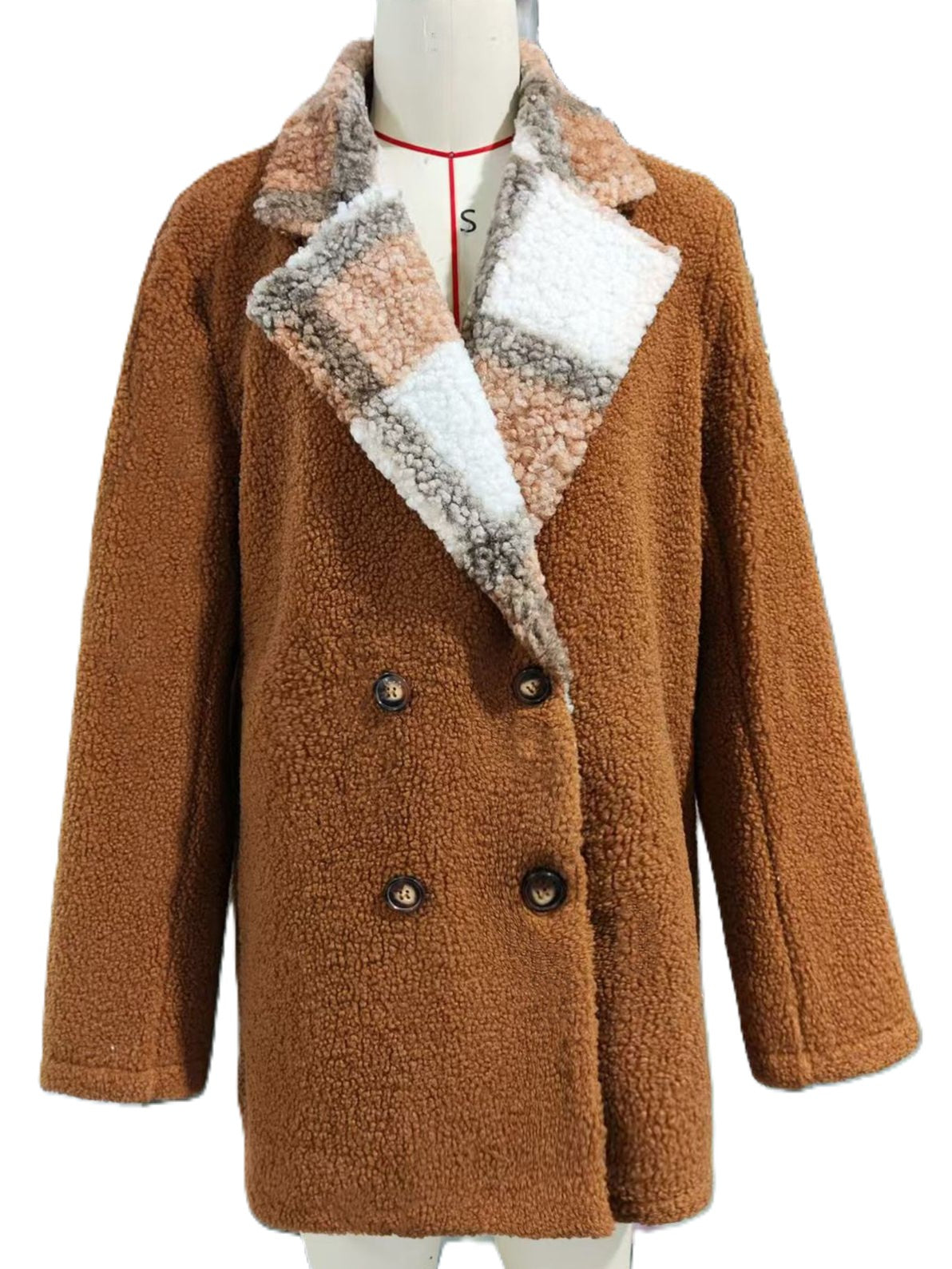 Brown Teddy Sherpa Plaid Collar Relaxed Fit Jacket - Brown - 1