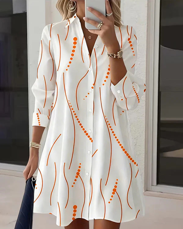 Squiggle Dot Print Button Front Shirtdress - Orange