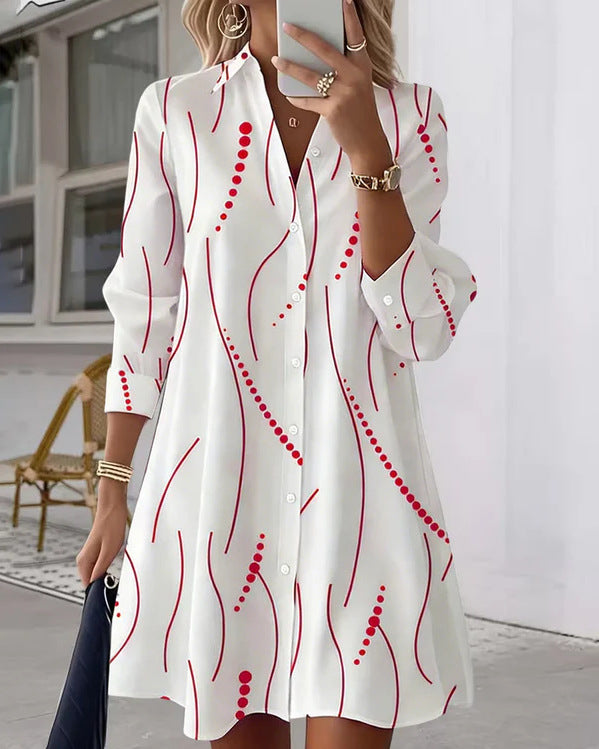 Squiggle Dot Print Button Front Shirtdress - Red