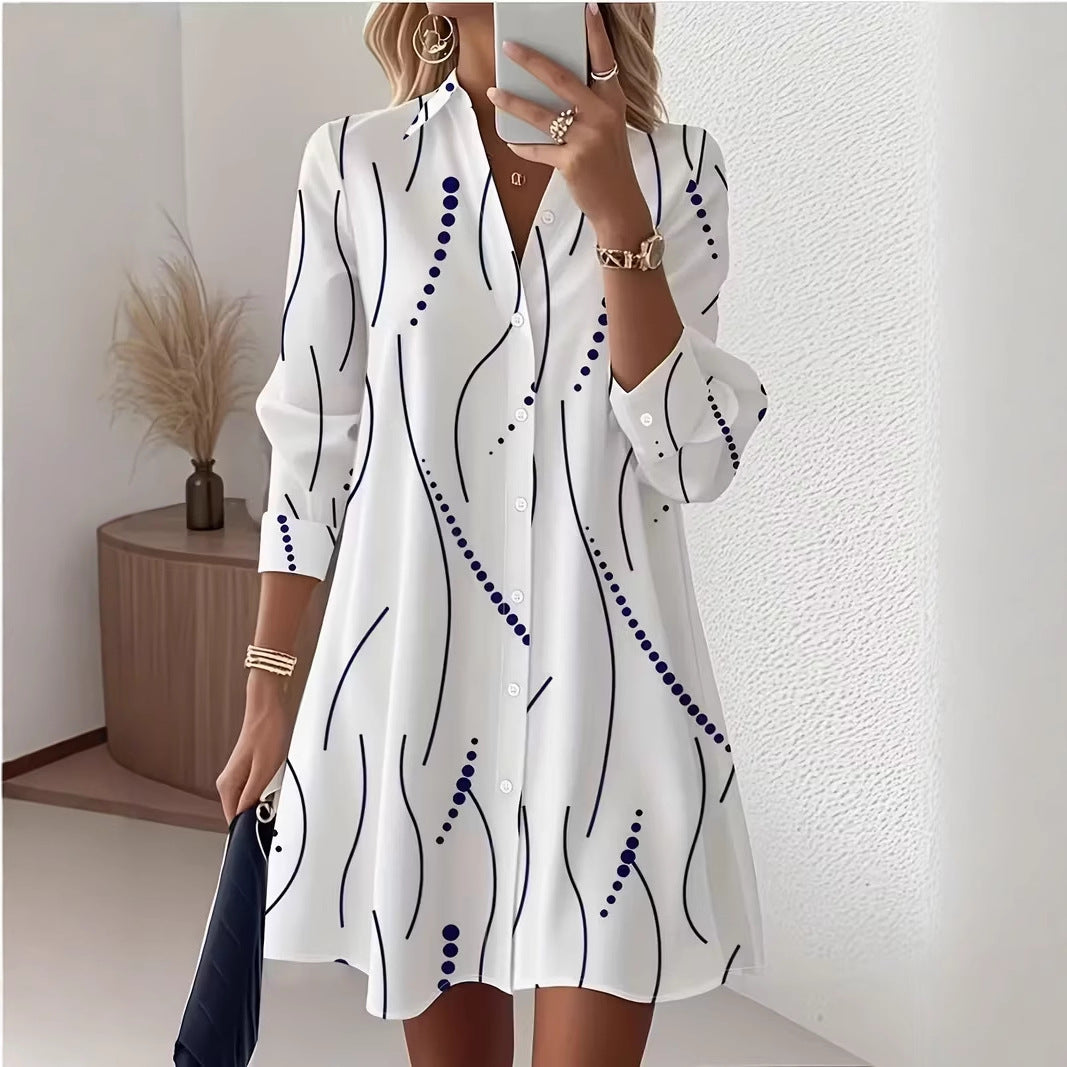 Squiggle Dot Print Button Front Shirtdress - White