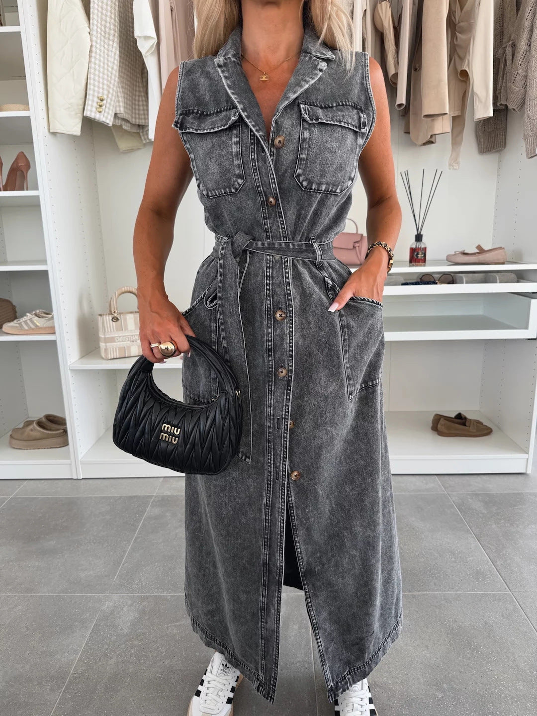 Sleeveless Denim Belted Shirt Maxi Dress - Black