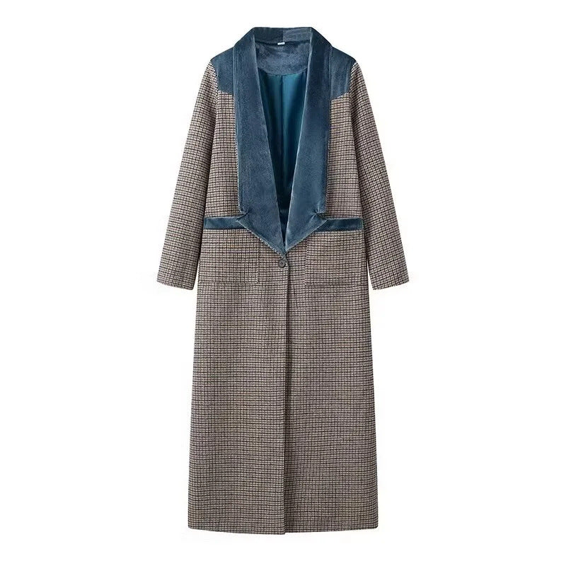 Plaid Longline Coat With Velvet Lapel - Lattice