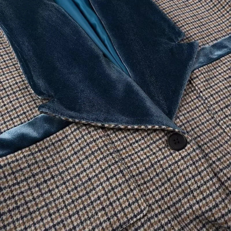 Plaid Longline Coat With Velvet Lapel - Lattice - 1