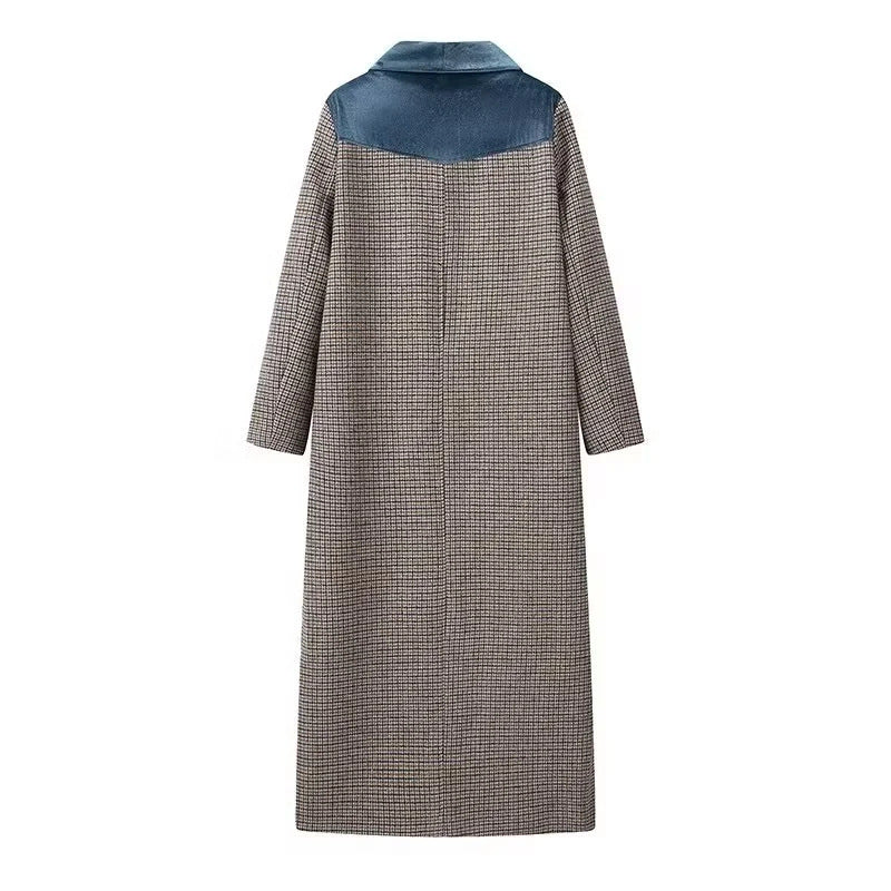 Plaid Longline Coat With Velvet Lapel - Lattice - 2
