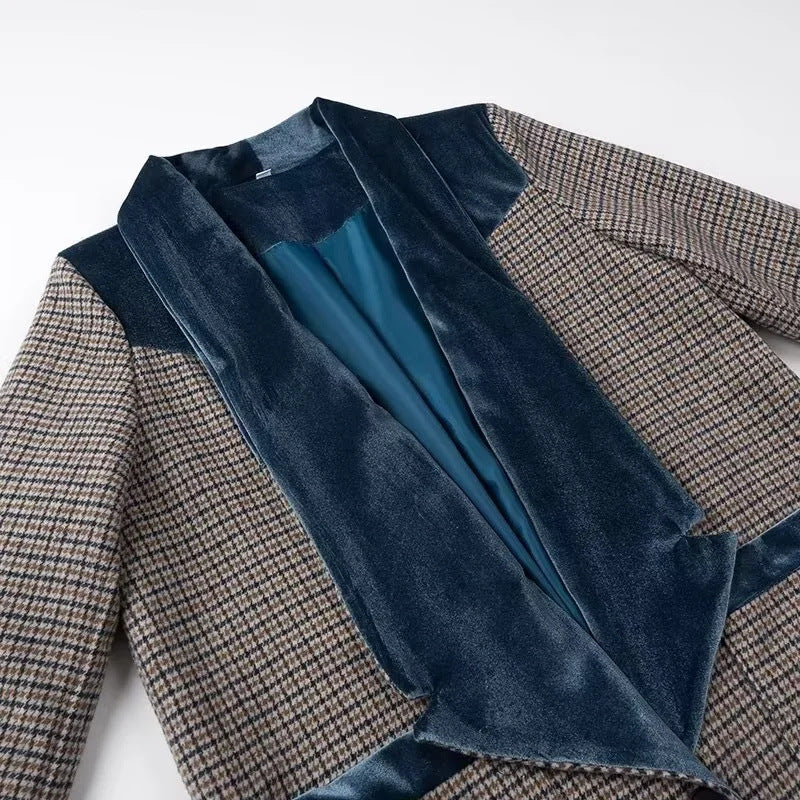 Plaid Longline Coat With Velvet Lapel - Lattice - 3