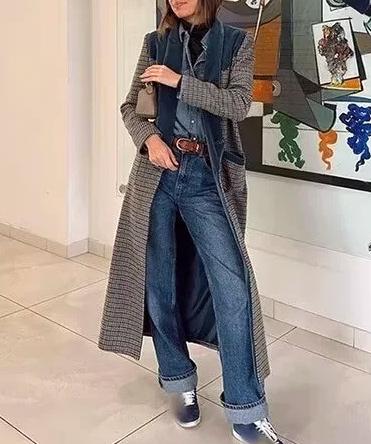 Plaid Longline Coat With Velvet Lapel - Lattice - 5