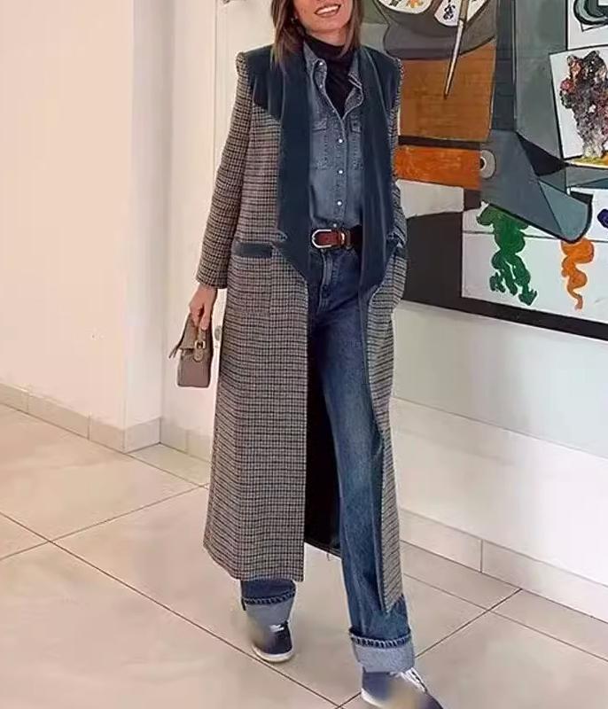 Plaid Longline Coat With Velvet Lapel - Lattice - 6
