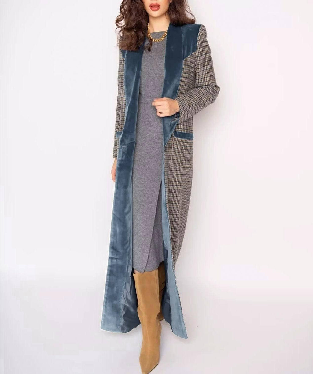 Plaid Longline Coat With Velvet Lapel