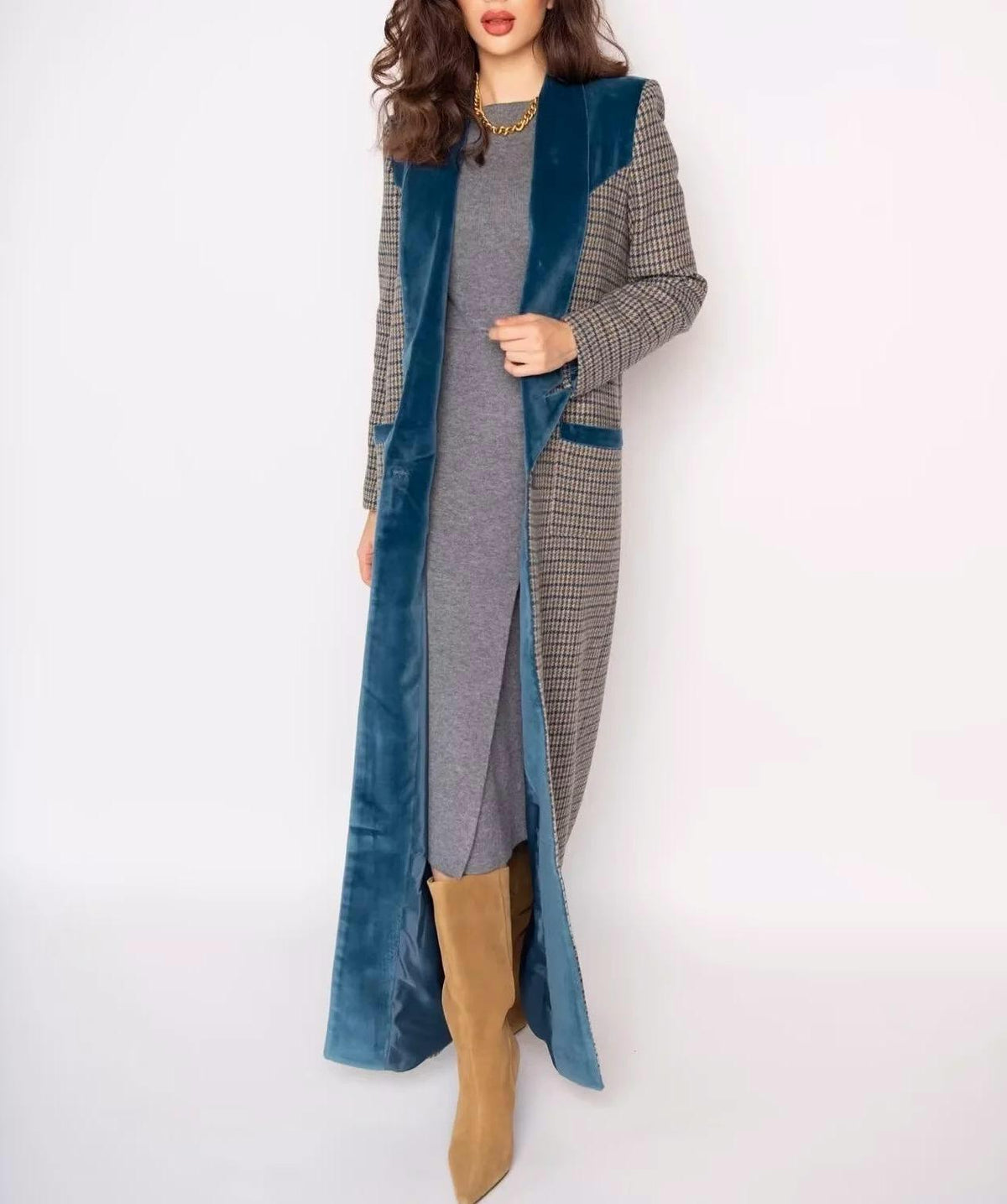 Plaid Longline Coat With Velvet Lapel - view 1