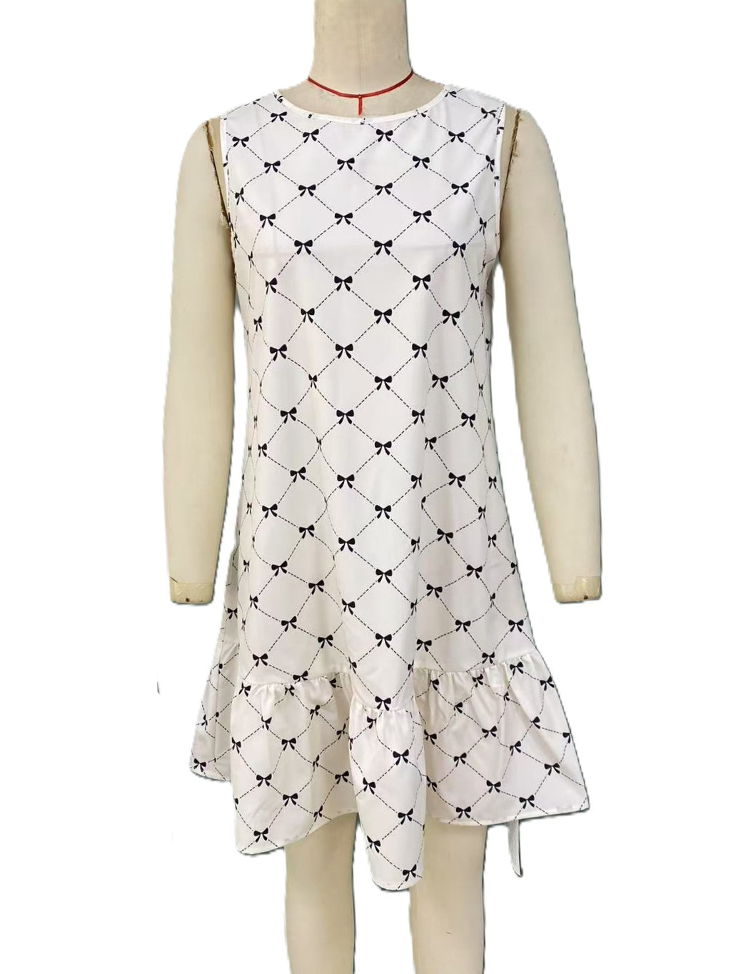 Bow Print Ruffle Hem Sleeveless Dress - Apricot - 1