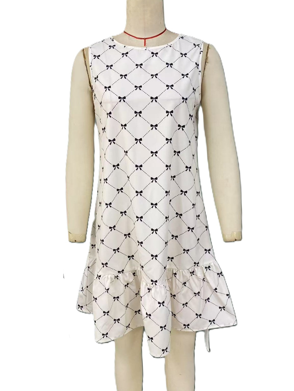 Bow Print Ruffle Hem Sleeveless Dress - Apricot - 1