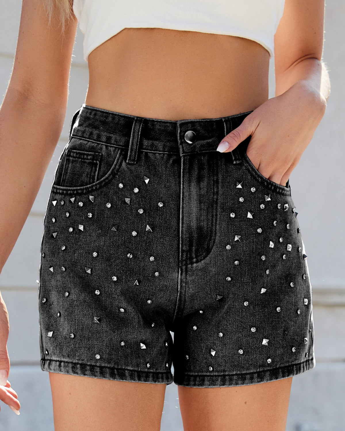 Pearl Studded High Waist Denim Shorts - Black - 1