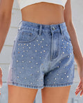 Pearl Studded High Waist Denim Shorts - Blue