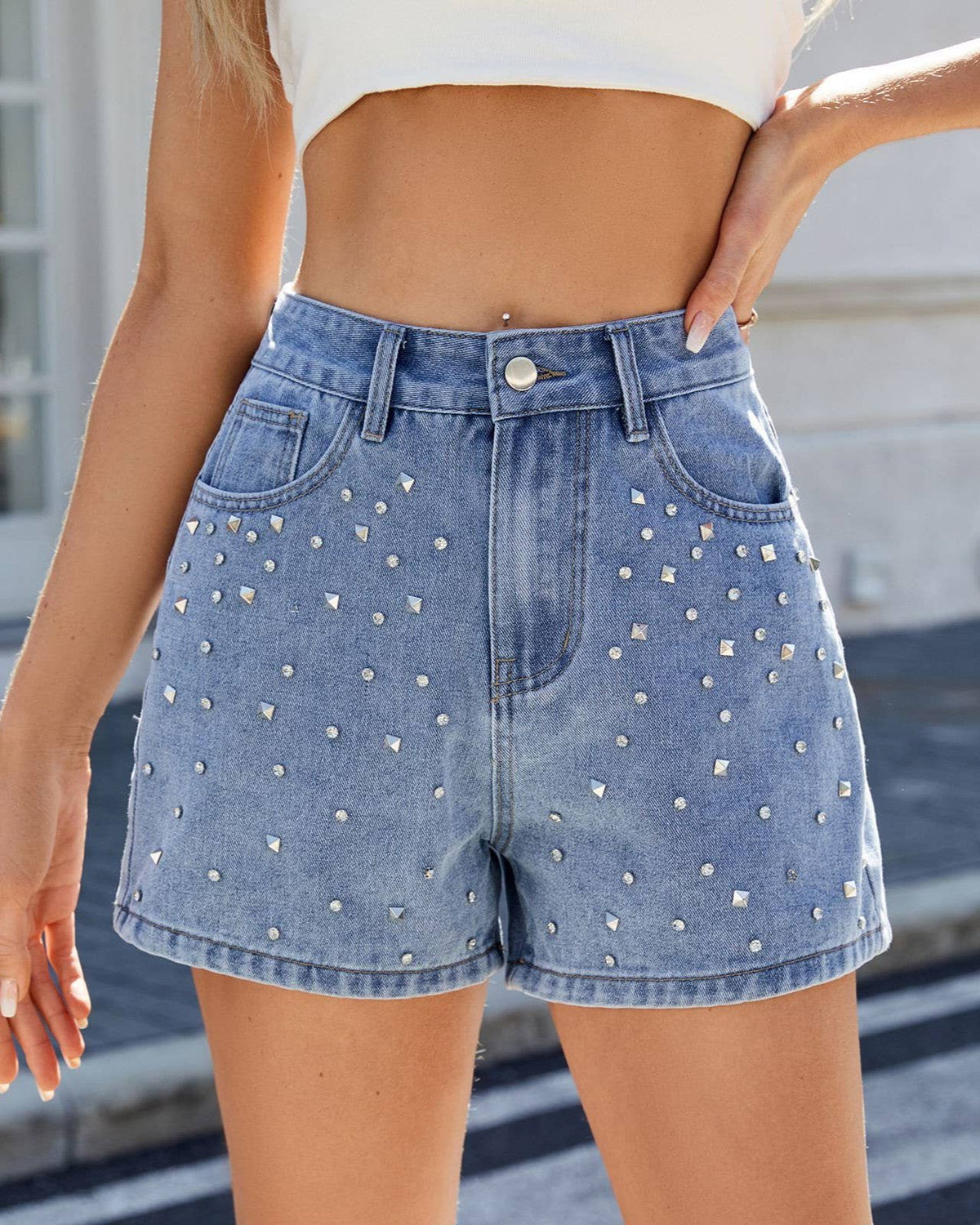 Pearl Studded High Waist Denim Shorts