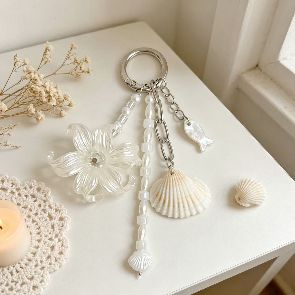 Seashell Blossom Bag Charm Keychain - White - 1