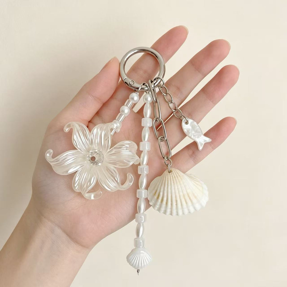 Seashell Blossom Bag Charm Keychain - White - 2