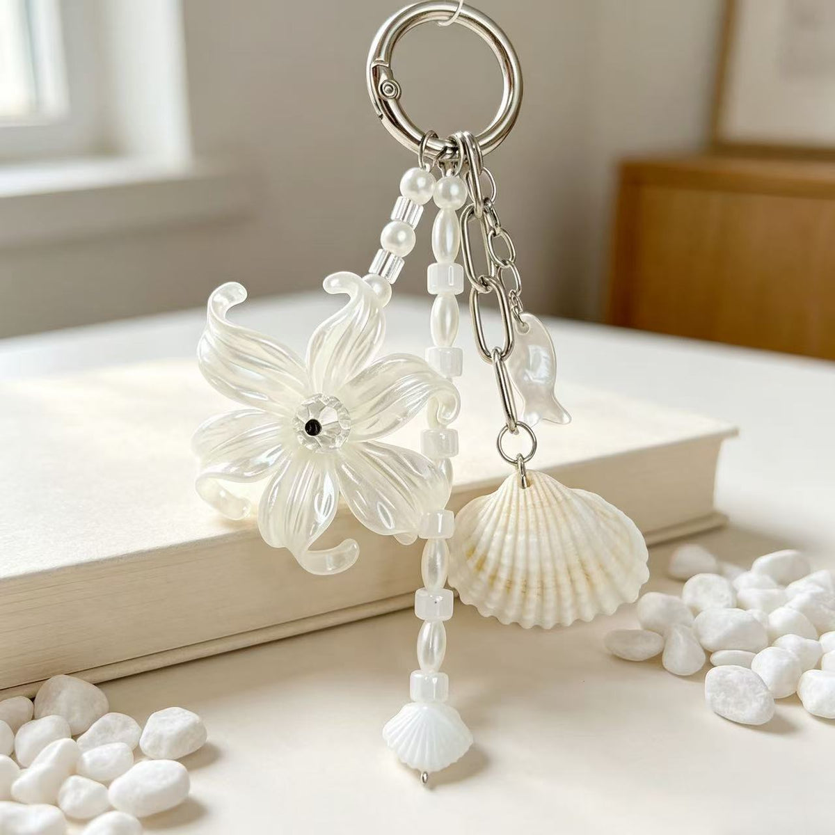 Seashell Blossom Bag Charm Keychain - White - 3