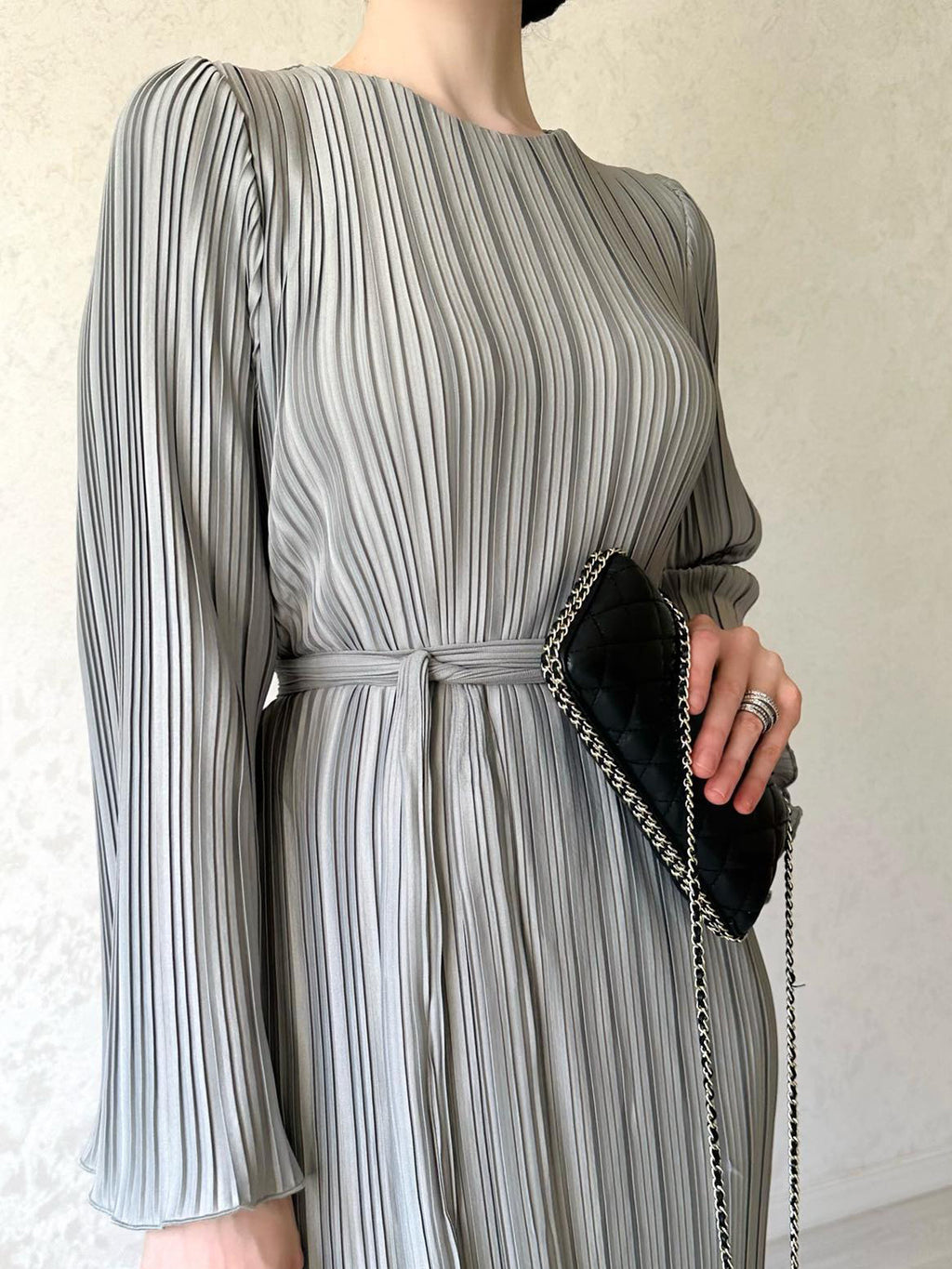 Micro Pleated Flared Sleeve Tie Waist Maxi Dress - Grey
