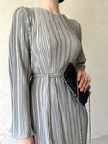 Micro Pleated Flared Sleeve Tie Waist Maxi Dress - Grey