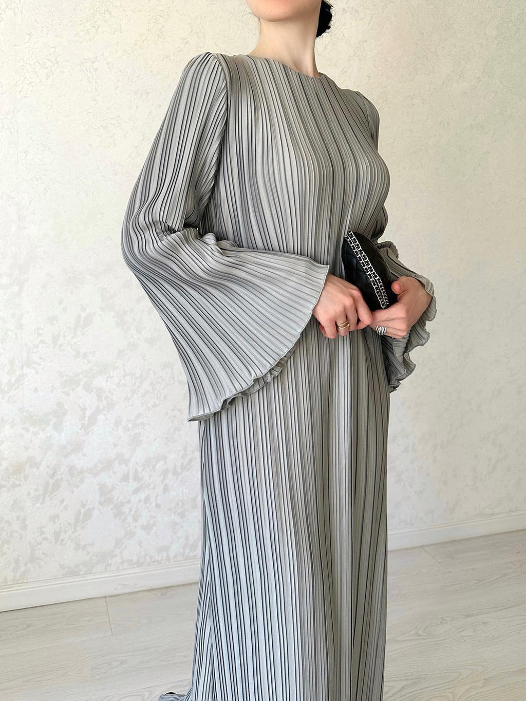 Micro Pleated Flared Sleeve Tie Waist Maxi Dress - Grey - 1