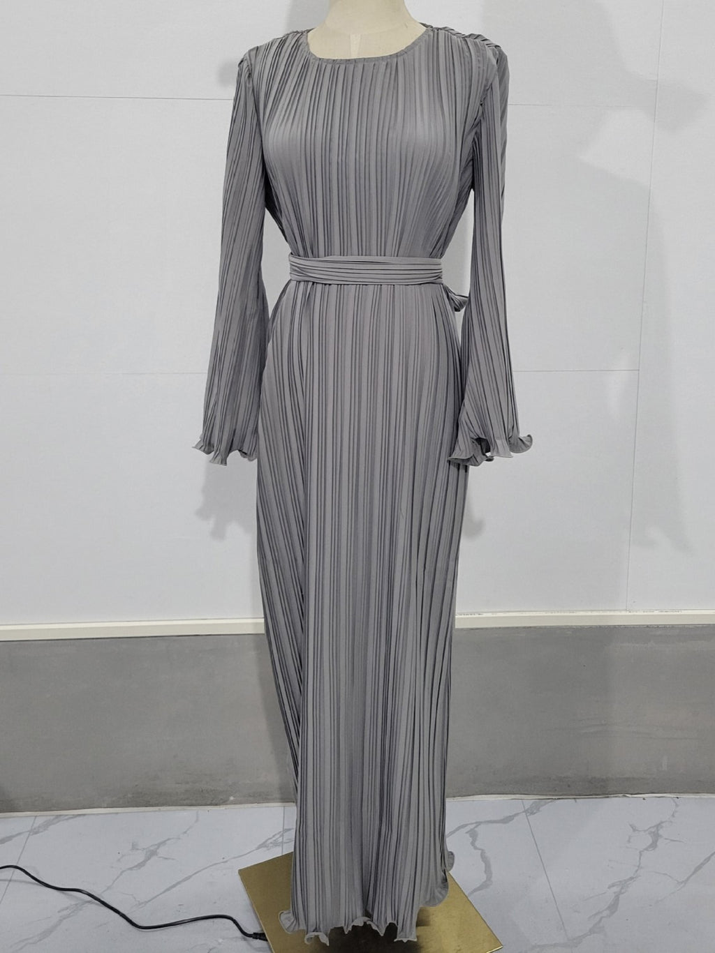 Micro Pleated Flared Sleeve Tie Waist Maxi Dress - Grey - 2