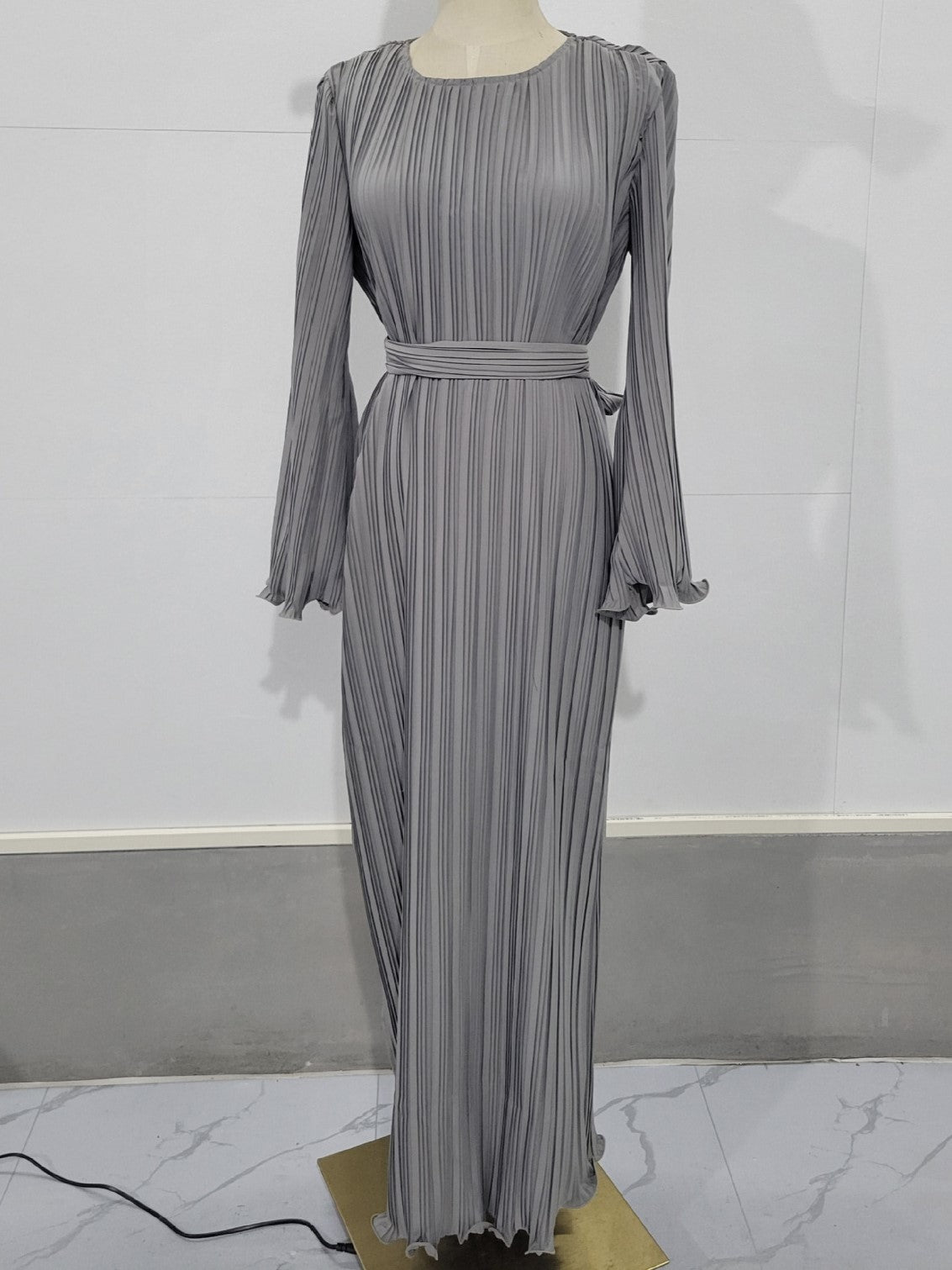 Micro Pleated Flared Sleeve Tie Waist Maxi Dress - Grey - 2
