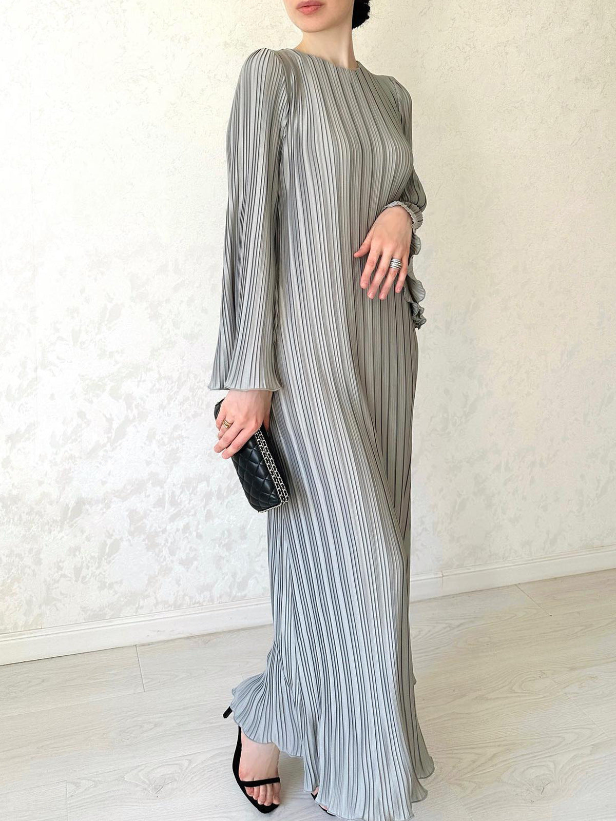 Micro Pleated Flared Sleeve Tie Waist Maxi Dress - Grey - 3
