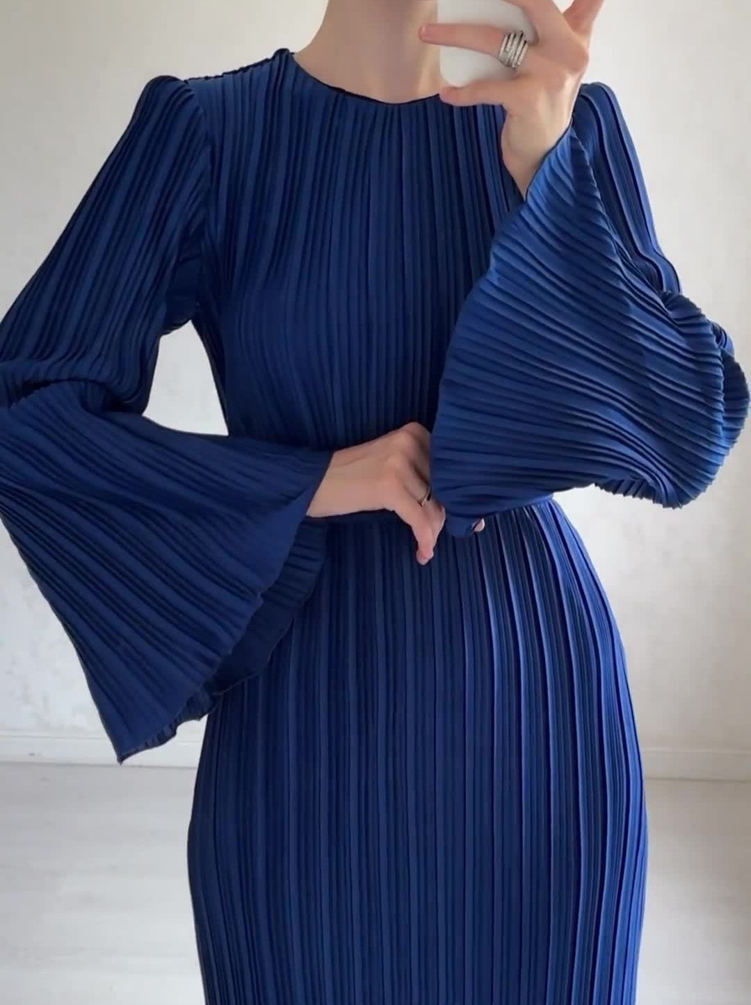 Micro Pleated Flared Sleeve Tie Waist Maxi Dress - NavyBlue
