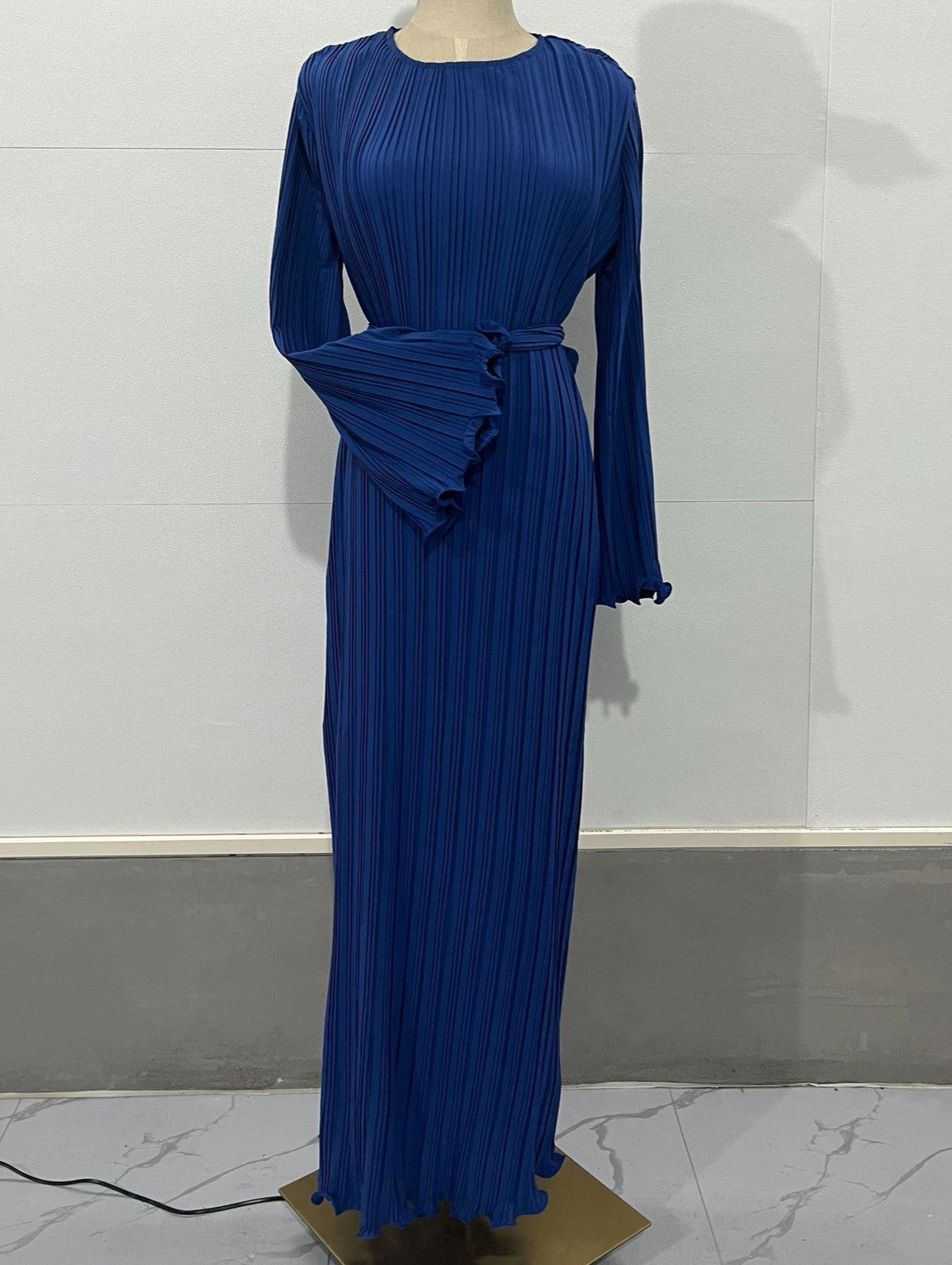 Micro Pleated Flared Sleeve Tie Waist Maxi Dress - NavyBlue - 1