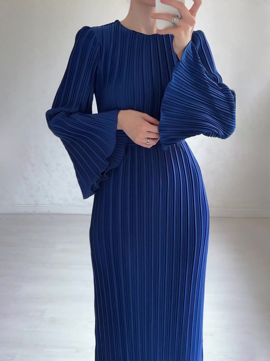 Micro Pleated Flared Sleeve Tie Waist Maxi Dress - NavyBlue - 2