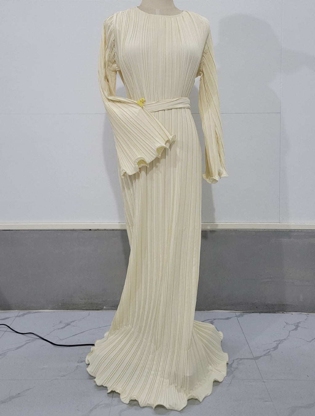 Micro Pleated Flared Sleeve Tie Waist Maxi Dress - White - 1