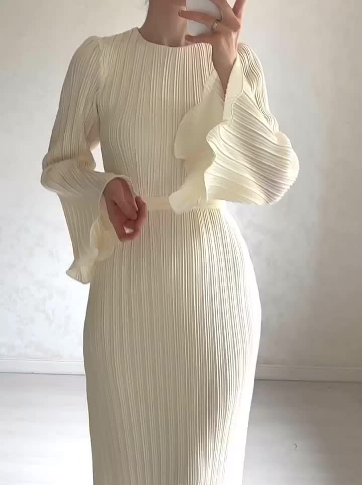 Micro Pleated Flared Sleeve Tie Waist Maxi Dress - White - 2